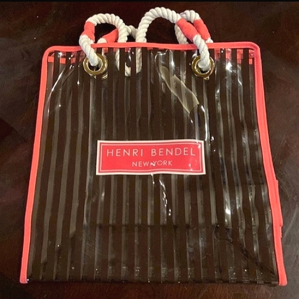 ❤️ Henri Bendel Striped Coral & Clear PVC Shopping Tote Bag NEW